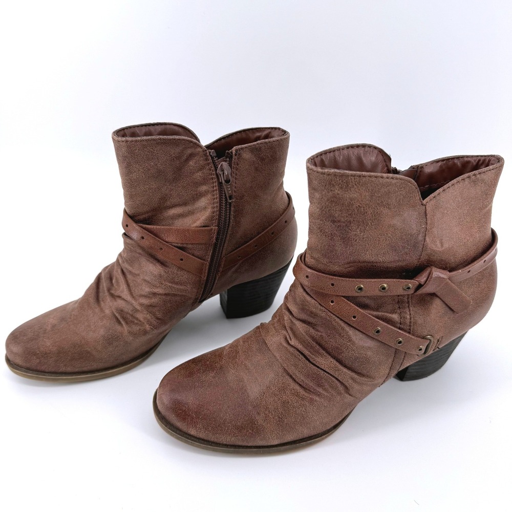 BareTraps Roma Ankle Boots Women 7.5 Brown Slouchy Strappy Stacked Heel Side Zip